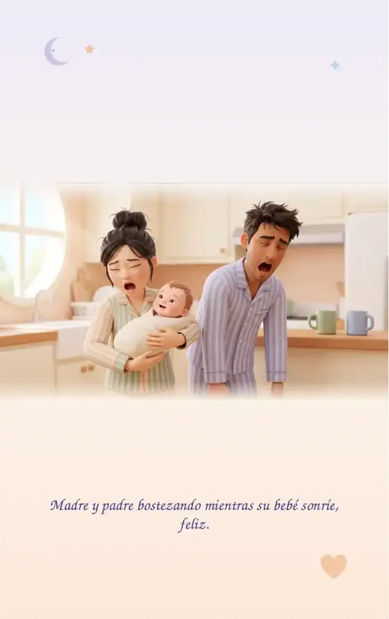 Página 5 de la guía: ilustración de madre y padre bostezando mientras su bebé sonríe